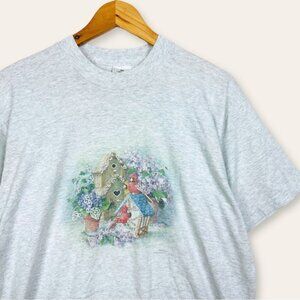 Vintage 90s Floral Red Cardinal Birdhouse Graphic Short Sleeve Boy Shirt Gray